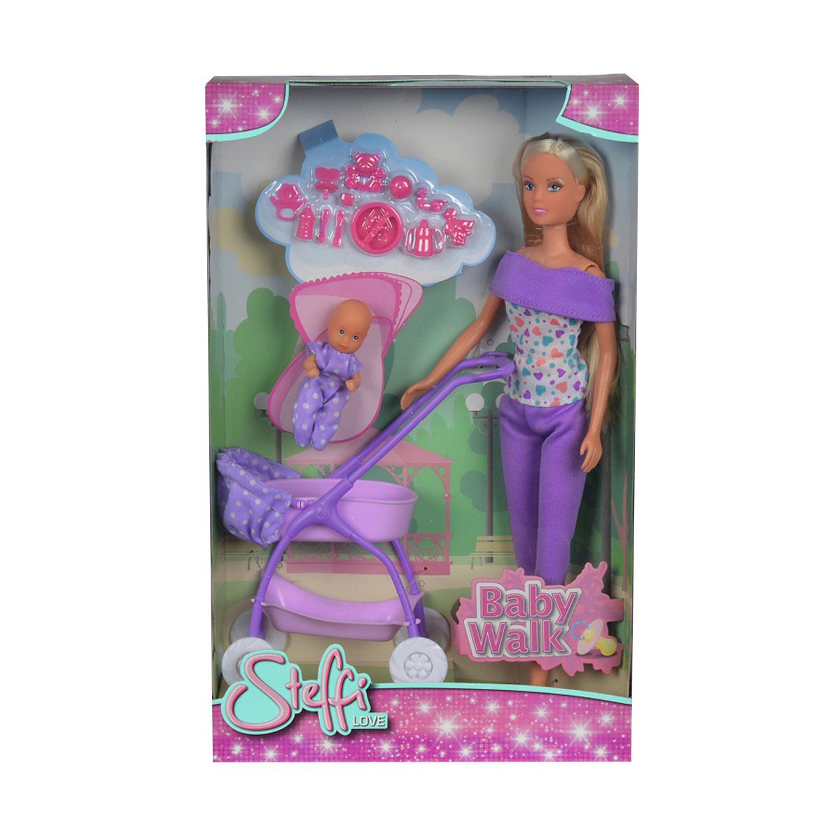 Papusa Steffi Love Mama Chic cu Bebe si Carucior Explorare Parc Mov
